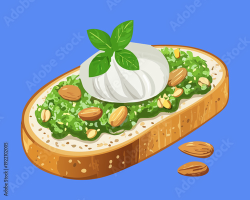 Gourmet Pesto Bruschetta with Creamy Topping and Fresh Herbs on Vibrant Blue Background Style Art - Vector Illustration