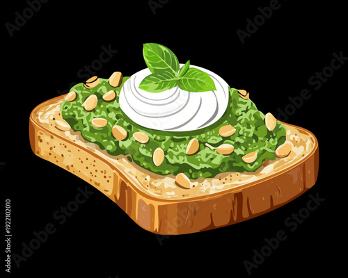 Traditional Pesto Tartine with Fresh Green Herbs and Creamy Spread on Minimalist Black Background Style - Vector Illustration