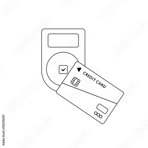 モノクロの線画イラスト | 非接触決済対応のクレジットカードと専用読み取り機 | キャッシュレス支払いのアイコン