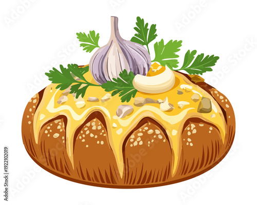Gourmet Herb Butter Garlic Bread with Fresh Parsley and Roasted Garlic Toppings for Italian Dinner - Vector Illustration