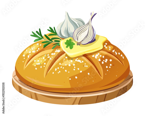 Traditional Baked Garlic Bread with Melting Herb Butter and Fresh Garnish for Savory Appetizer Menu - Vector Illustration