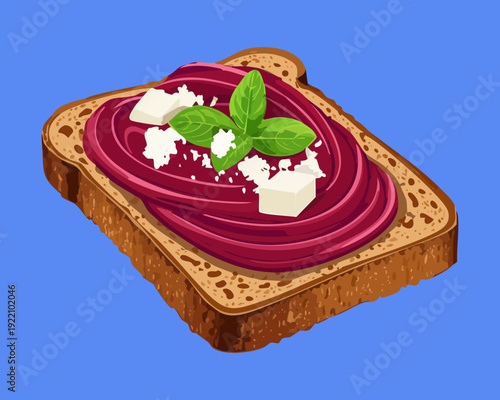 Healthy Beetroot Hummus Toast with White Cheese and Fresh Greens on Vibrant Blue Background Style - Vector Illustration