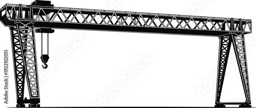 Black vector silhouette of a heavy industrial gantry crane with a hoist hook for construction shipping logistics engineering and large scale warehouse branding
