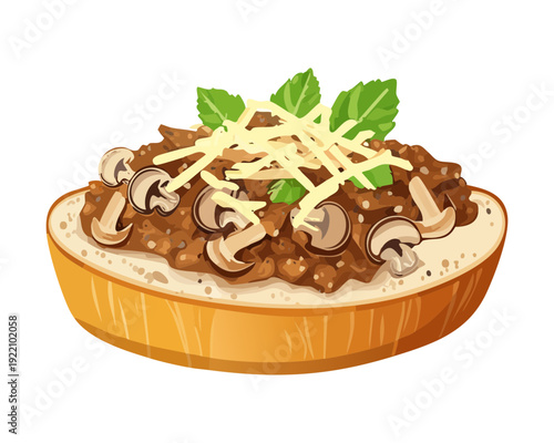 Savory Mushroom and Beef Mince Toast with Melted Cheese and Fresh Herbs for Hearty Snack - Vector Illustration