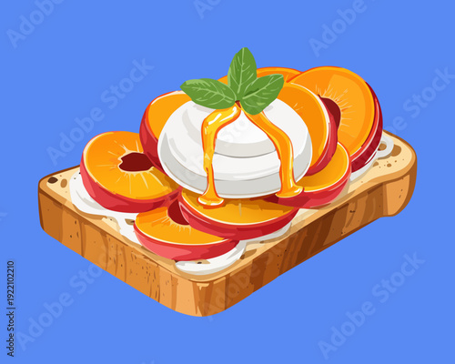 Unique Peach and Poached Egg Toast with Sweet Glaze on Vibrant Blue Background for Menu - Vector Illustration