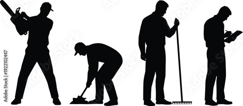 Black silhouettes of workers using chainsaw, rake, and shovel, manual labor, gardener and construction workers set, isolated on white background,