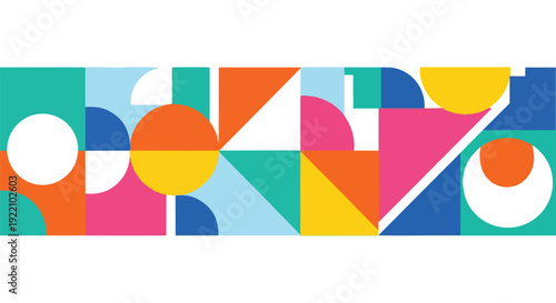 Colorful, geometric arrangement with squares, circles, and triangles