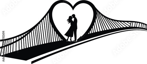 Black vector silhouette of a romantic couple embracing inside a heart shaped bridge frame for wedding anniversary valentines day and engagement card branding