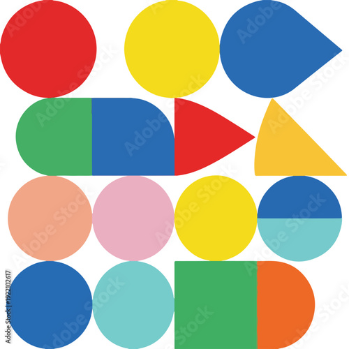 Colorful, geometric arrangement of circles, squares, triangles, and teardrop shapes