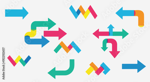 Colorful geometric arrows and abstract shapes against a white background