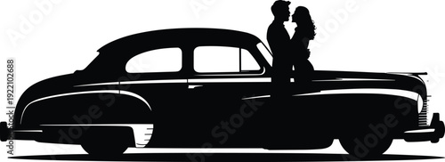 Black vector silhouette of a romantic couple embracing by a classic vintage car for retro travel automotive passion dating and nostalgic lifestyle branding