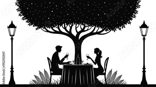Black vector silhouette of a romantic couple enjoying a candlelit dinner under a large tree between two street lamps for restaurant and dating branding