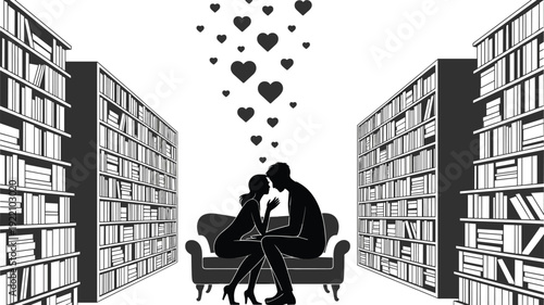 Black vector silhouette of a romantic couple sitting on a sofa in a library surrounded by bookshelves and floating hearts for love branding