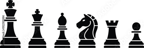 Chess pieces silhouette set including king, queen, bishop, knight, rook and pawn isolated on white background, strategy board game concept black vector illustration