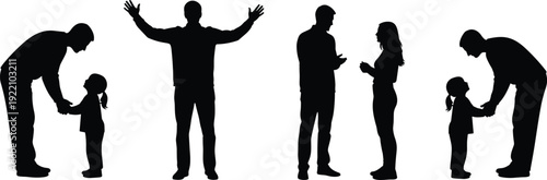 Black silhouettes of family interactions, parents playing with children, couple talking, father and daughter bond, people figures isolated on white,