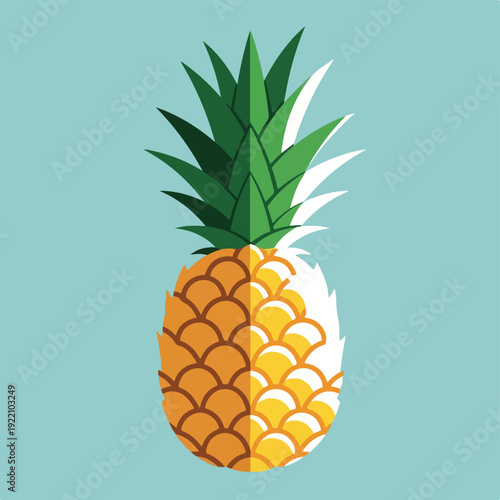 Colorful, geometric illustration of a pineapple against a pastel blue backdrop