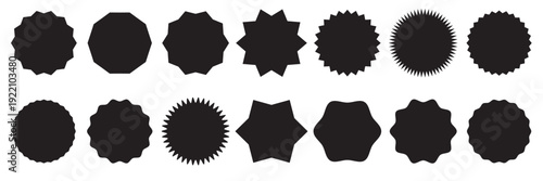 Black Starburst Badge Shapes Vector Set Collection. Assorted starburst and seal silhouettes isolated on white background, ideal for sale tags, awards, and branding graphics and marketing materials.