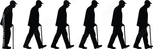 Black silhouettes of elderly man walking with cane, senior citizen movement sequence, aging process, healthcare and geriatric physical therapy, isolated