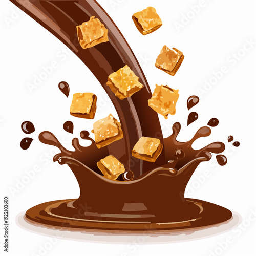 Chocolate sauce pouring with marshmallows on white background.