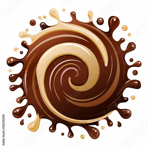 Swirling chocolate and caramel sauce splash on white background.