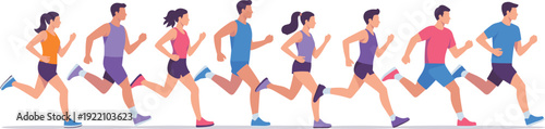 PrintSet of eight minimalist flat vector illustrations featuring diverse young men and women running a marathon on white (18 words)