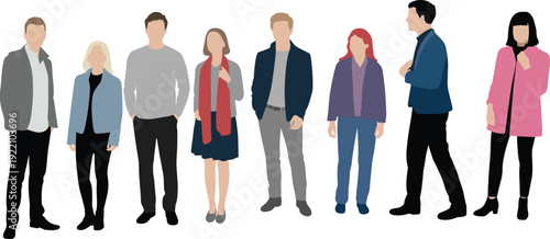 PrintSet of eight minimalist flat vector illustrations featuring diverse young men and women standing in casual autumn outfits (18 words)