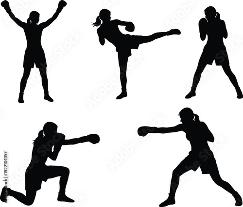 Black silhouettes of female boxers kicking and punching, woman martial arts training set, kickboxing fitness poses isolated on white background,