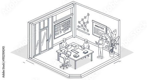 Business Meeting in a Modern Office Room with Charts and Plants.
