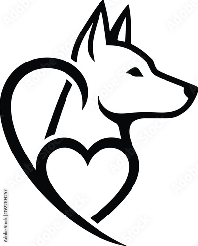 Minimalist black line art logo of dog head and heart symbol, pet care, veterinary clinic, animal rescue and adoption icon,