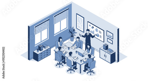 Business meeting in an office with a presentation and team collaboration.