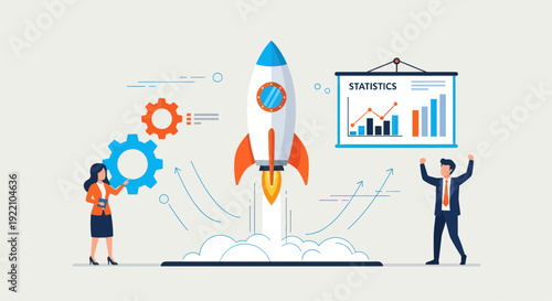 Business Startup Launch with Rocket and Team.