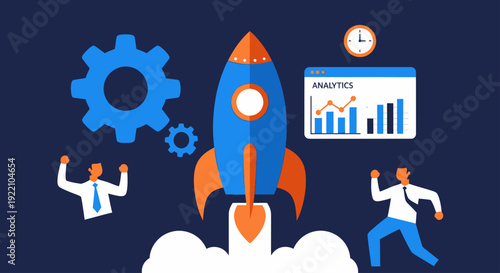 Business startup rocket launch with gears and analytics.