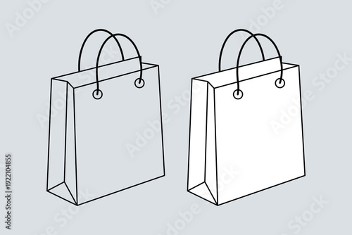Two simple line drawing illustrations of blank paper shopping bags