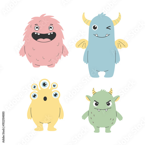 Cute cartoon monsters, funny characters, colorful, playful, children's illustration