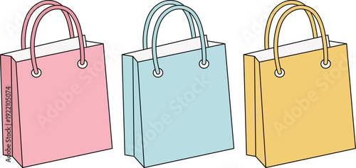 Three colorful shopping bags are neatly arranged in a simple illustration