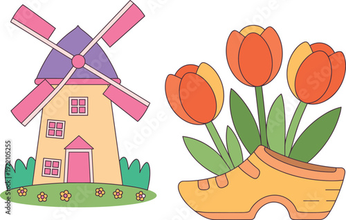 Cute cartoon windmill house and tulip flowers in wooden shoe planter, colorful spring illustration set isolated on white background for kids design