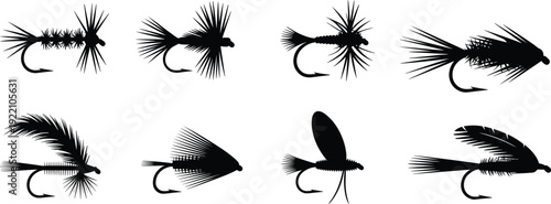 Fishing fly silhouettes collection with detailed lure patterns isolated on white background, classic fly fishing bait designs for angling sport and tackle concept