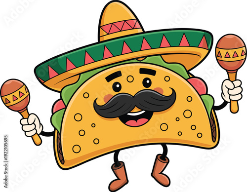 Funny cartoon taco character with sombrero and maracas, smiling Mexican food mascot illustration, cute festive Cinco de Mayo concept isolated on white background