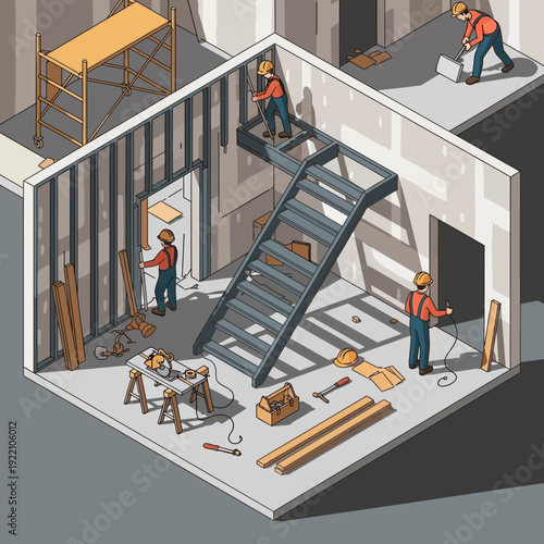 Construction workers building a modern house with various tools and materials.