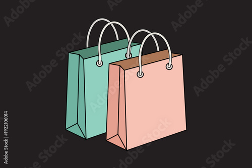 Two shopping bags teal and peach are displayed against a dark background