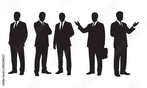Five businessmen in suits standing in a row silhouettes