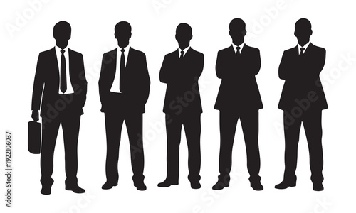 Silhouettes of five businessmen in suits standing in a row