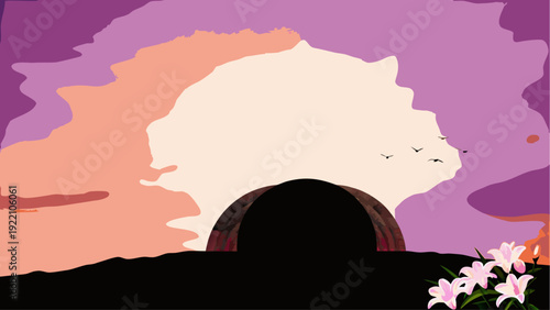 Serene sunrise over cave entrance with flowers