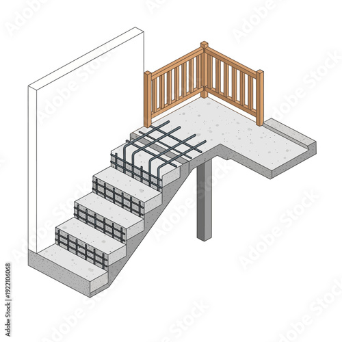 3D rendering of a staircase and balcony with wooden railing and metal reinforcements.