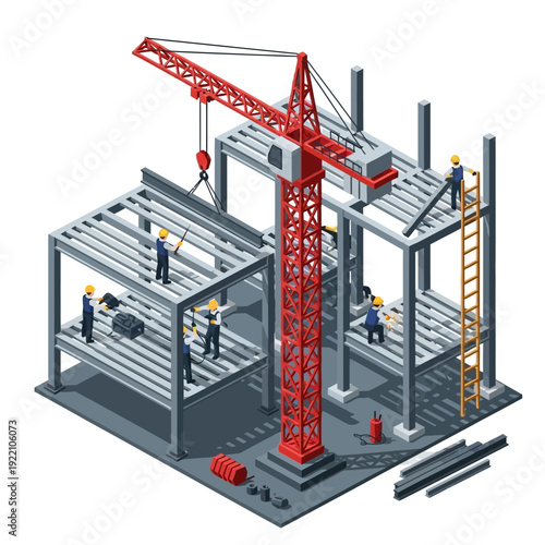 Construction Site with Crane and Workers Building Structure.