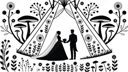 Black vector silhouette of a romantic wedding couple under a teepee tent surrounded by whimsical mushrooms and wild flowers for bohemian marriage event branding