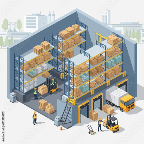 Warehouse with shelving units and forklift trucks loading and unloading cardboard boxes.