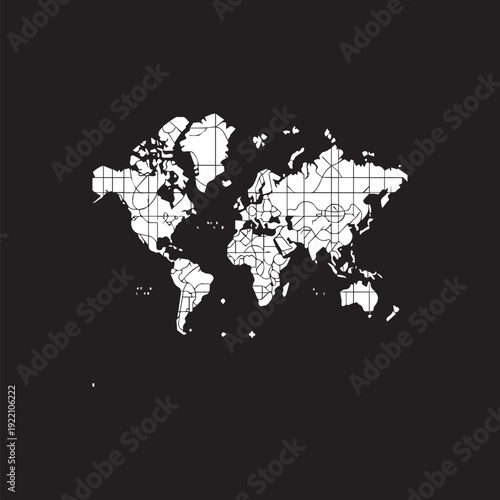 Black and White World Map Silhouette – Minimalist Global Geography Vector Illustration on Dark Background