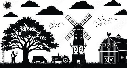 Black vector silhouette of a rural farm landscape with a windmill barn tractor farmer cow large tree and birds for agricultural industry branding