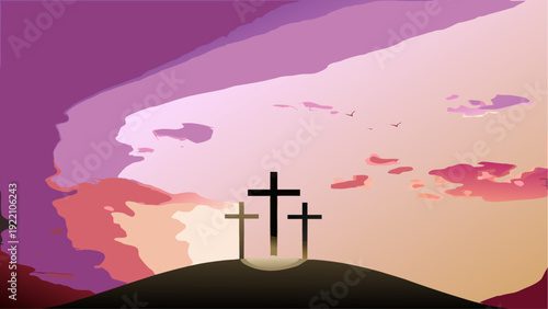Three crosses on a hill at sunset with vibrant purple and pink sky